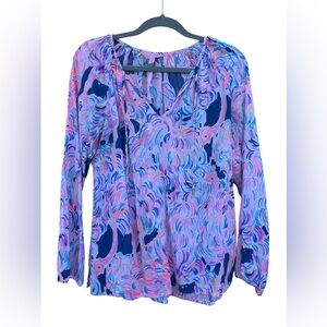 LILLY PULITZER Willa Head in the Sand Ostrich Print Split Neck Top Blouse Small